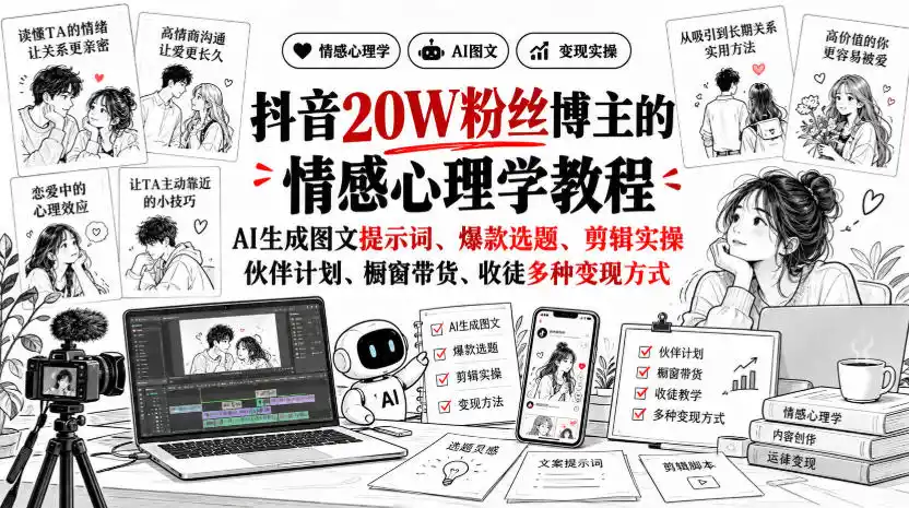 抖音20W粉丝博主静候心声的情感心理学教程，AI生成图文提示词、爆款选题、剪辑实操，伙伴计划、橱窗带货、收徒多种变现方式-一起筹课网