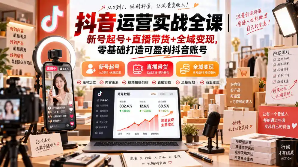 抖音运营实战全课｜新号起号+直播带货+全域变现，零基础打造可盈利抖音账号-一起筹课网