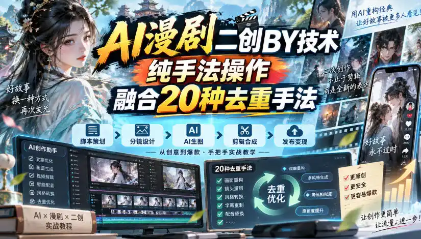 AI漫剧二创搬运技术，纯手法操作，融合20种去重手法-一起筹课网