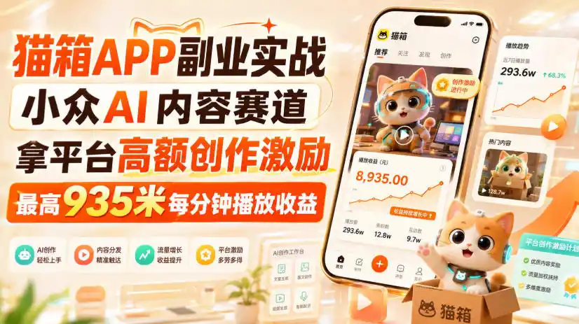 猫箱APP副业实战，小众AI内容赛道，拿平台高额创作激励，最高935米每分钟播放收益-一起筹课网