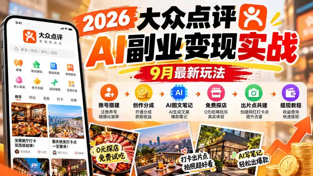 2026大众点评AI副业变现实战9月最新玩法：账号搭建+创作分成+AI图文笔记+免费探店+出片点共建与提现教程-一起筹课网