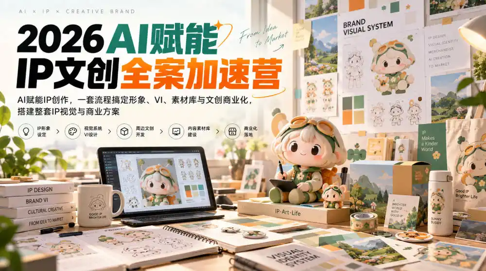 2026AI赋能ip文创全案加速营，AI赋能IP创作，一套流程搞定形象、VI、素材库与文创商业化，搭建整套IP视觉与商业方案-一起筹课网