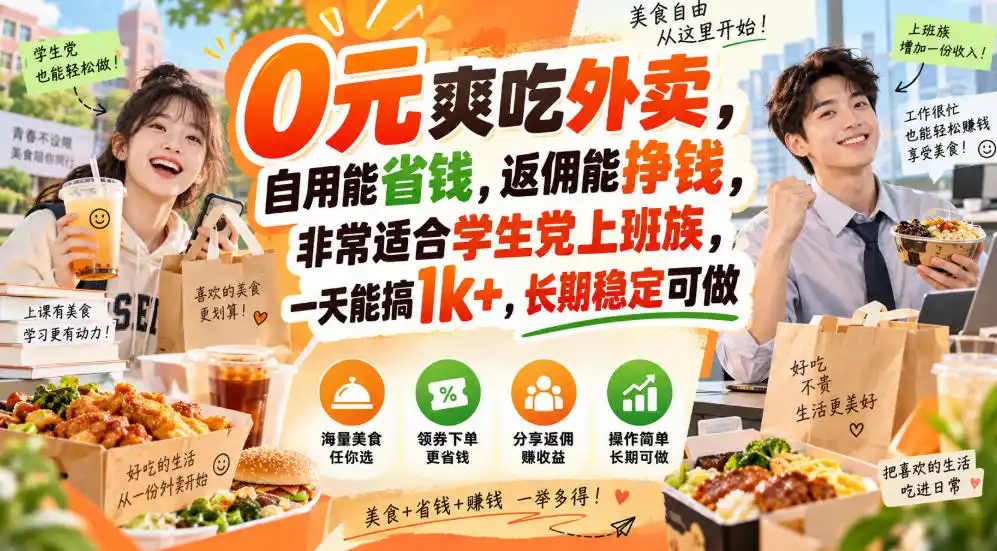 0元爽吃外卖，自用能省钱，返佣能挣钱，非常适合学生党上班族，一天能搞1k+，长期稳定可做-一起筹课网
