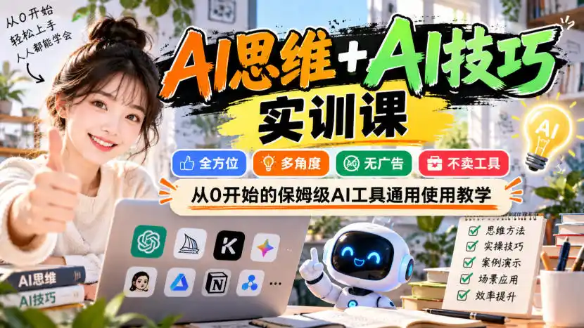 【无水印】AI思维+AI技巧实训课，全方位、多角度、无广告、不卖工具，从0开始的保姆级AI工具通用使用教学-一起筹课网