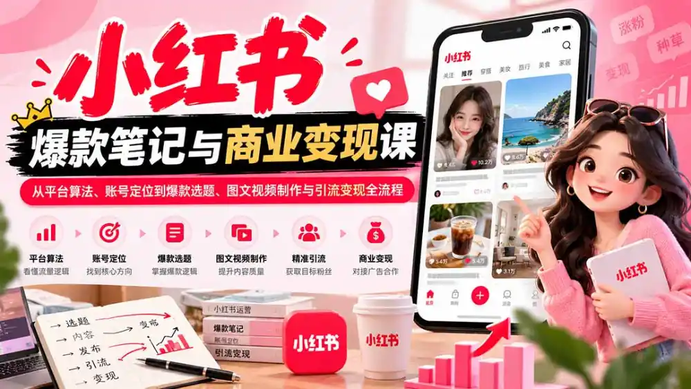 2026小红书爆款笔记与商业变现课：从平台算法、账号定位到爆款选题、图文视频制作与引流变现全流程-一起筹课网