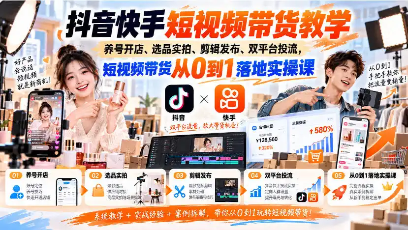 抖音快手短视频带货教学｜养号开店、选品实拍、剪辑发布、双平台投流，短视频带货从0到1落地实操课-一起筹课网