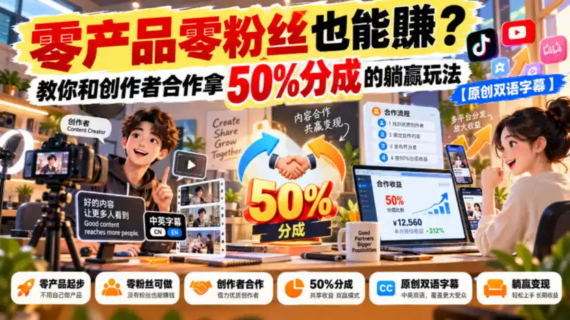 【无水印】零产品零粉丝也能賺？教你和创作者合作拿50%分成的躺赢玩法【原创双语字幕】-一起筹课网