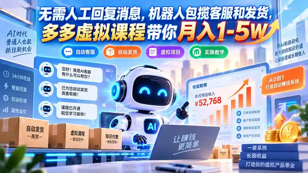 无需人工回复消息，机器人包揽客服和发货，多多虚拟课程带你月入1-5W-一起筹课网