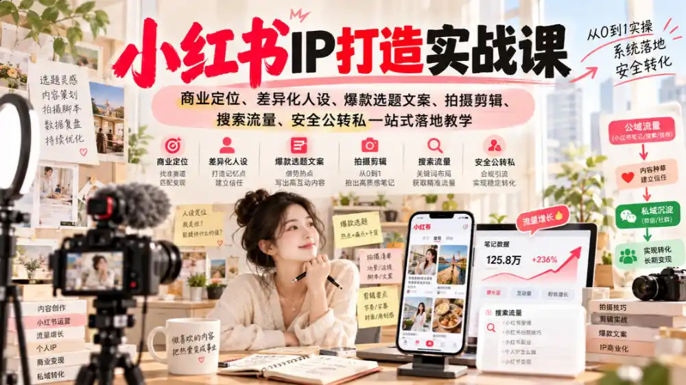 小红书ip打造实战课，商业定位、差异化人设、爆款选题文案、拍摄剪辑、搜索流量、安全公转私一站式落地教学-一起筹课网