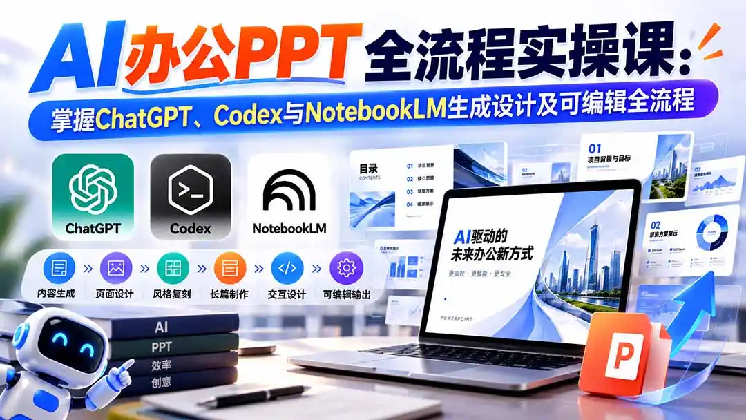 【无水印】AI办公PPT全流程实操课： 掌握ChatGPT、Codex与NotebookLM生成设计及可编辑全流程-一起筹课网