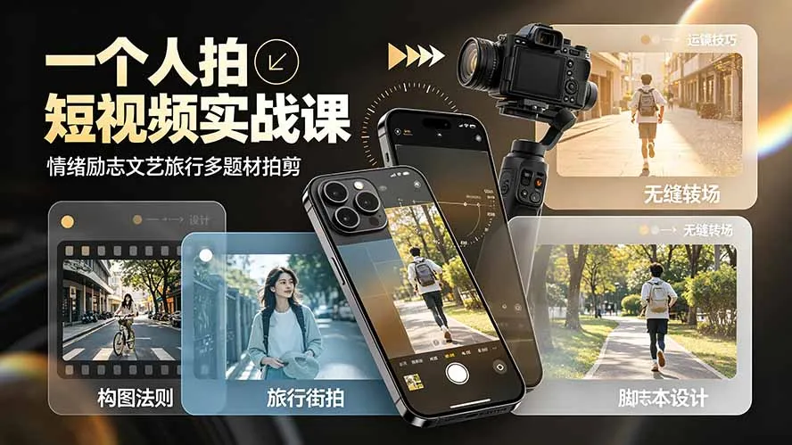 一个人拍短视频实战课：情绪励志文艺旅行多题材×五大景别×黄金构图×八大运镜，从拍摄到成片高效创作-一起筹课网
