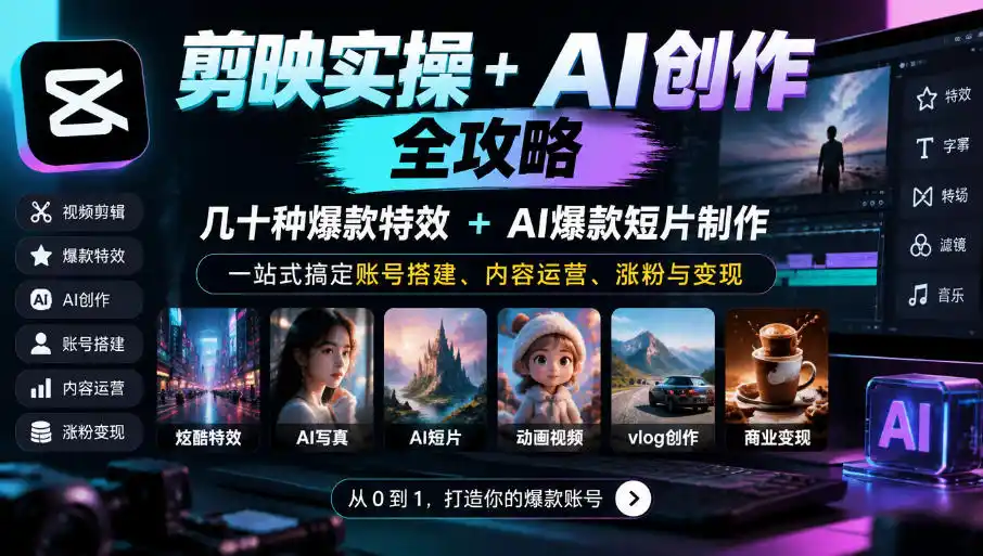 剪映实操+AI创作全攻略|几十种爆款特效+AI爆款短片制作,一站式搞定账号搭建、内容运营、涨粉与变现-一起筹课网