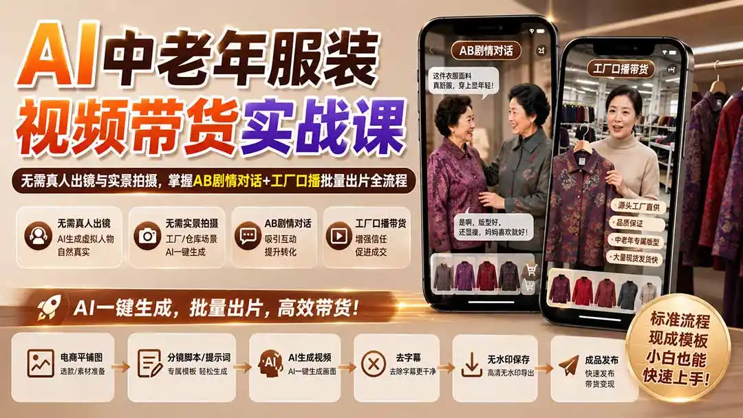 AI中老年服装视频带货实战课:无需真人出镜与实景拍摄,掌握AB剧情对话+工厂口播批量出片全流程-一起筹课网