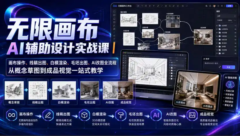 无限画布AI辅助设计实战课|画布操作、线稿出图、白模渲染、毛坯出图、AI改图全流程,从概念草图到成品视觉一站式教学