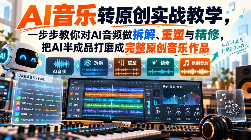 AI音乐转原创实战教学，一步步教你对AI音频做拆解、重塑与精修，把AI半成品打磨成完整原创音乐作品-一起筹课网