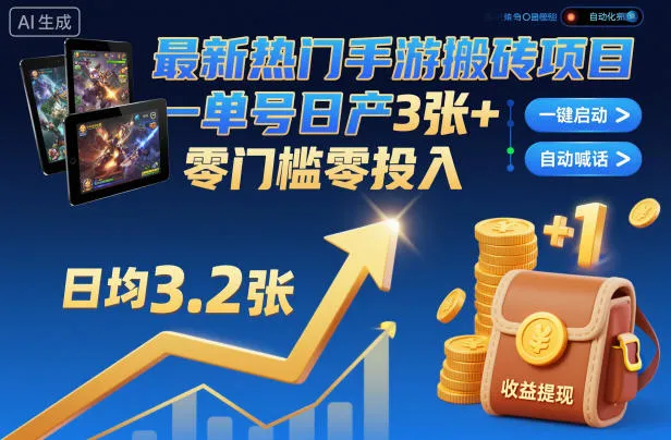 最新热门手游搬砖项目，一键自动化挂G，单号日产3张+，零门槛零投入【揭秘】-一起筹课网