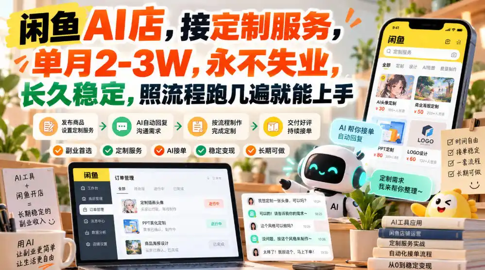 闲鱼AI店，接定制服务，单月2-3W，永不失业，长久稳定，照流程跑几遍就能上手-一起筹课网