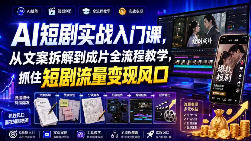 AI短剧实战入门课，从文案拆解到成片全流程教学，抓住短剧流量变现风口-一起筹课网