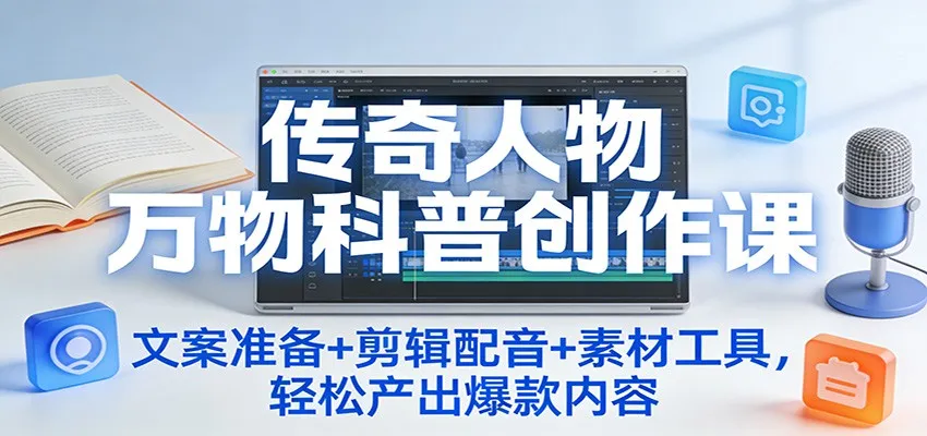 传奇人物万物科普创作课:文案准备+剪辑配音+素材工具,轻松产出爆款内容-一起筹课网