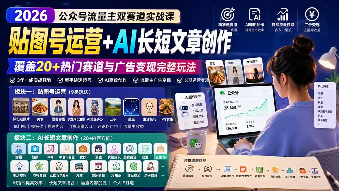 公众号流量主双赛道实战课：贴图号运营+AI长短文章创作，覆盖20+热门赛道与广告变现完整玩法-一起筹课网