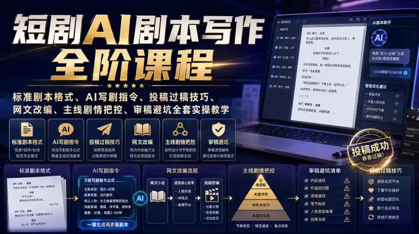 短剧AI剧本写作全阶课程｜标准剧本格式、AI写剧指令、投稿过稿技巧、网文改编、主线剧情把控、审稿避坑全套实操教学-一起筹课网