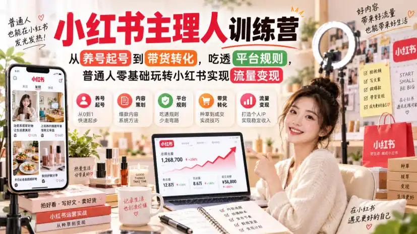 小红书主理人训练营，从养号起号到带货转化，吃透平台规则，普通人零基础玩转小红书实现流量变现-一起筹课网