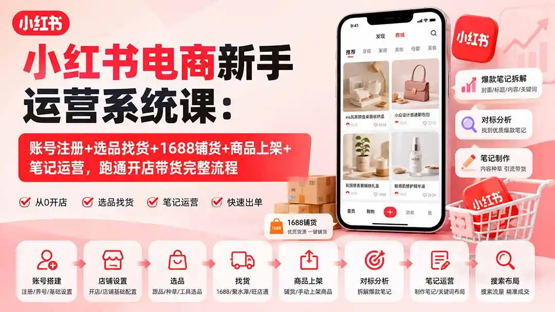 小红书电商新手运营系统课：账号注册+选品找货+1688铺货+商品上架+笔记运营，跑通开店带货完整流程-一起筹课网