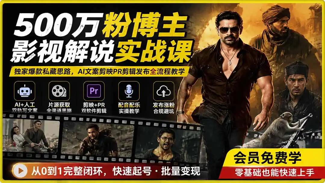 500万粉博主影视解说实战课｜独家爆款私藏思路，AI文案剪映PR剪辑发布全流程教学-一起筹课网
