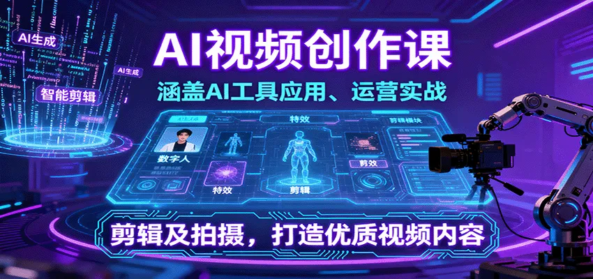 AI视频创作课，涵盖AI工具应用、运营实战、剪辑及拍摄，打造优质视频内容-一起筹课网