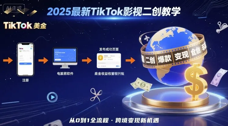 2025年最新TikTok影视二创教学，从注册到发布撸美金全流程，跨境变现新机遇-一起筹课网