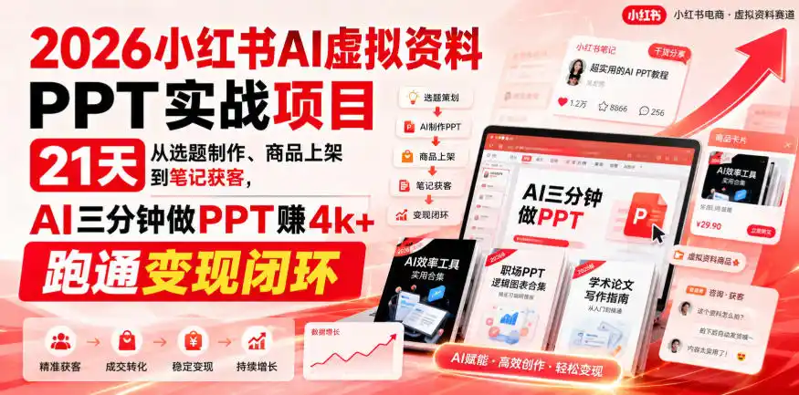 2026小红书AI虚拟资料PPT实战项目，21天从选题制作、商品上架到笔记获客，AI三分钟做PPT赚4k+跑通变现闭环-一起筹课网
