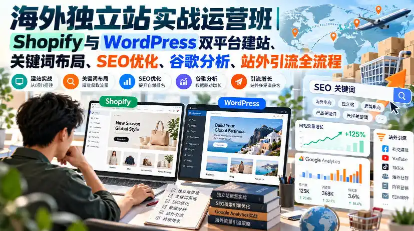 海外独立站实战运营班｜Shopify与WordPress双平台建站、关键词布局、SEO优化、谷歌分析、站外引流全流程-一起筹课网