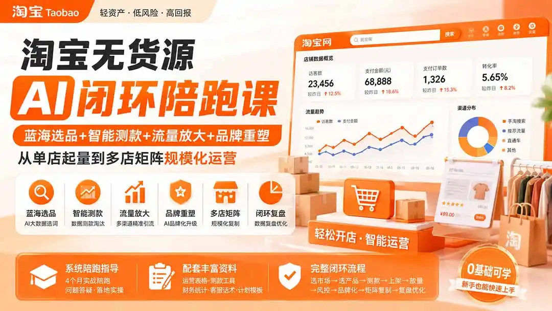淘宝无货源AI闭环陪跑课：蓝海选品+智能测款+流量放大+品牌重塑，从单店起量到多店矩阵规模化运营-一起筹课网