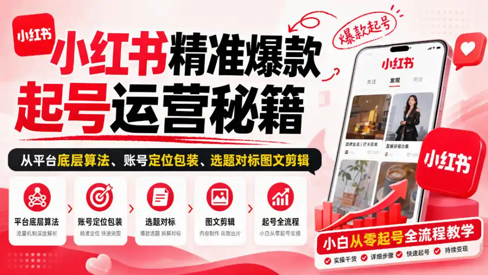 小红书精准爆款起号运营秘籍，从平台底层算法、账号定位包装、选题对标图文剪辑，小白从零起号全流程-一起筹课网