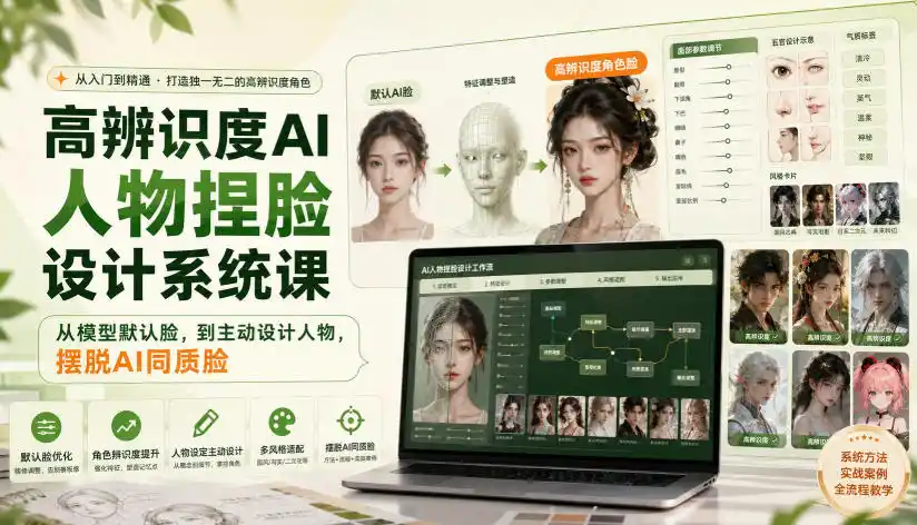 高辨识度AI人物捏脸设计系统课，从模型默认脸，到主动设计人物，摆脱AI同质脸-一起筹课网