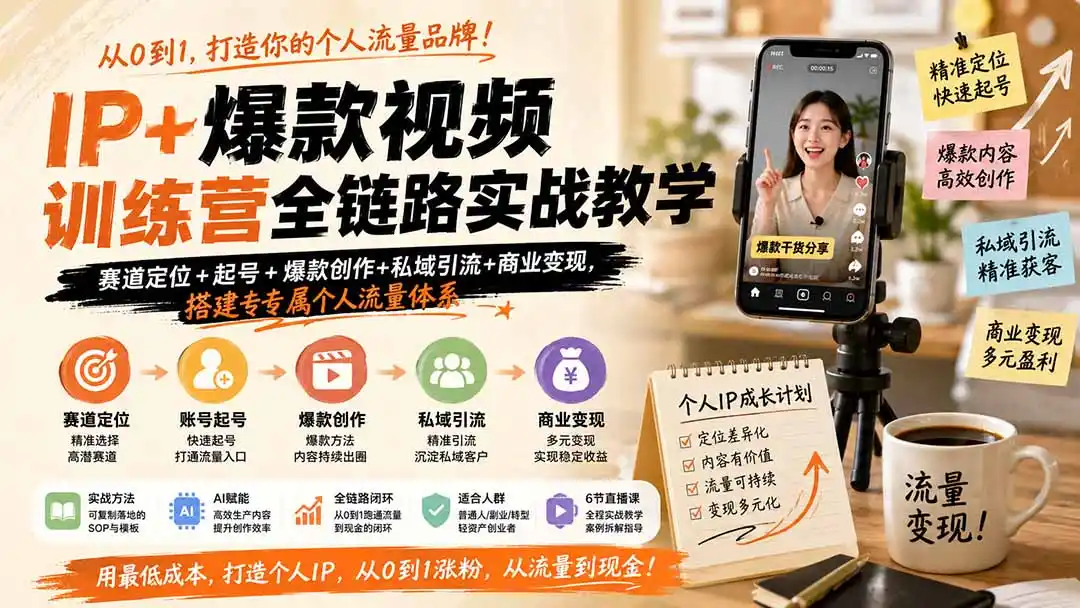 IP+爆款视频训练营全链路实战教学;赛道定位+起号+爆款创作+私域引流+商业变现,搭建专属个人流量体系-一起筹课网