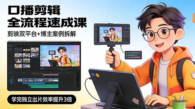 口播剪辑全流程速成课，剪映双平台+博主案例拆解，学完独立出片效率提升3倍-一起筹课网