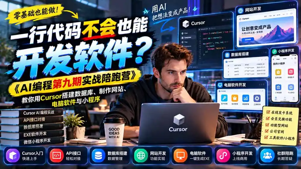 一行代码不会也能开发软件？《AI编程第九期实战陪跑营》教你用Cursor搭建数据库、制作网站、电脑软件与小程序-一起筹课网