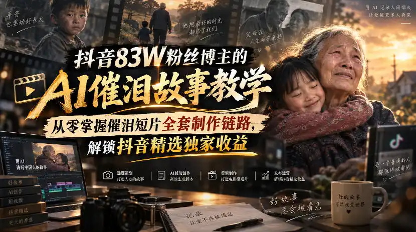 抖音83W粉丝博主的AI催泪故事教学，从零掌握催泪短片全套制作链路，解锁抖音精选独家收益-一起筹课网