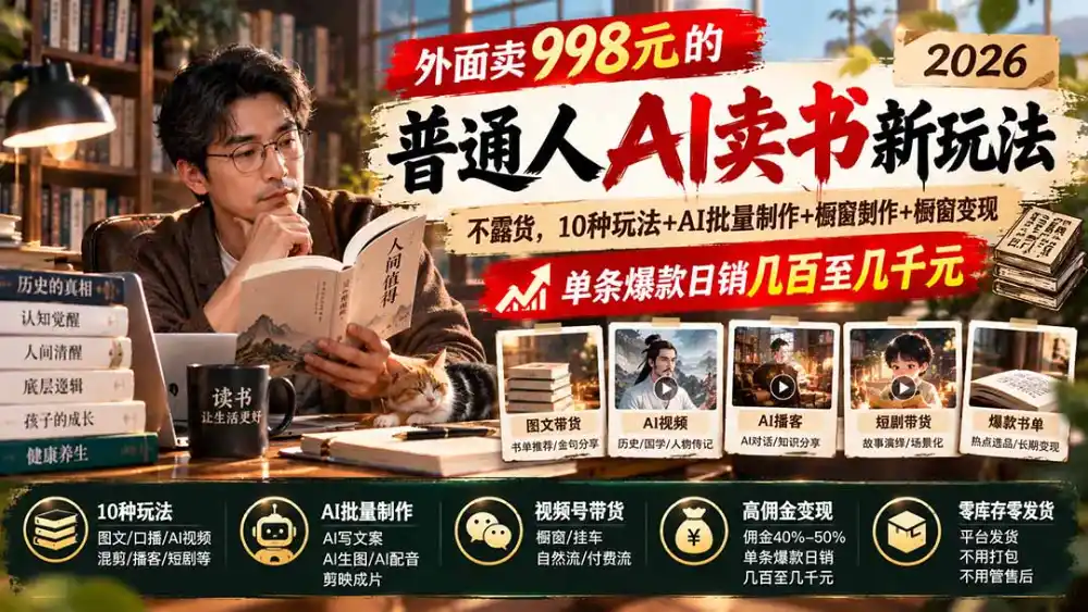 外面卖998元的2026普通人AI卖书新玩法：不露脸、不囤货，10种玩法+AI批量制作+橱窗变现，单条爆款日销几百至几千元-一起筹课网