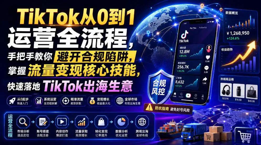 TikTok从0到1运营全流程，手把手教你避开合规陷阱，掌握流量变现核心技能，快速落地TikTok出海生意(更新8月)-一起筹课网