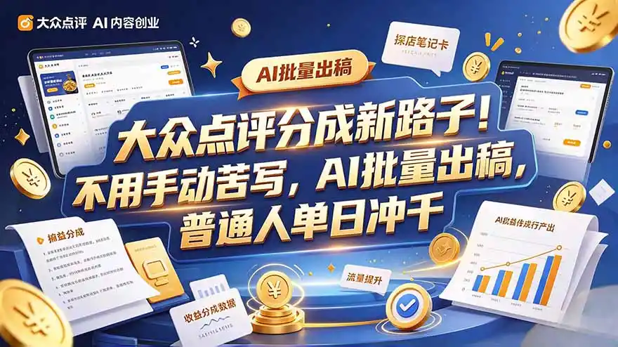 大众点评副业新玩法，工具提效解放双手，批量做笔记，单日可破千-一起筹课网