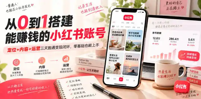 从0到1搭建能賺钱的小红书账号，定位+内容+运营三天跑通变现闭环-一起筹课网