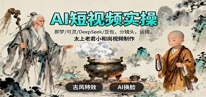 AI短视频实操,即梦/可灵/DeepSeek/豆包,分镜头,运镜,太上老君小和尚视频制作-一起筹课网