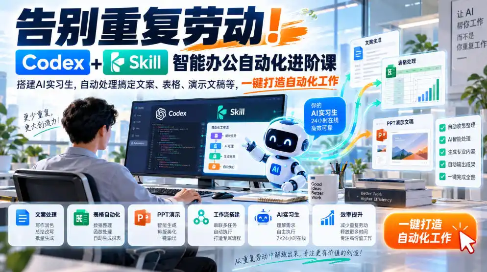 告别重复劳动！Codex+Skill智能办公自动化进阶课｜搭建AI实习生，自动处理搞定文案、表格、演示文稿等，一键打造自动化工作-一起筹课网