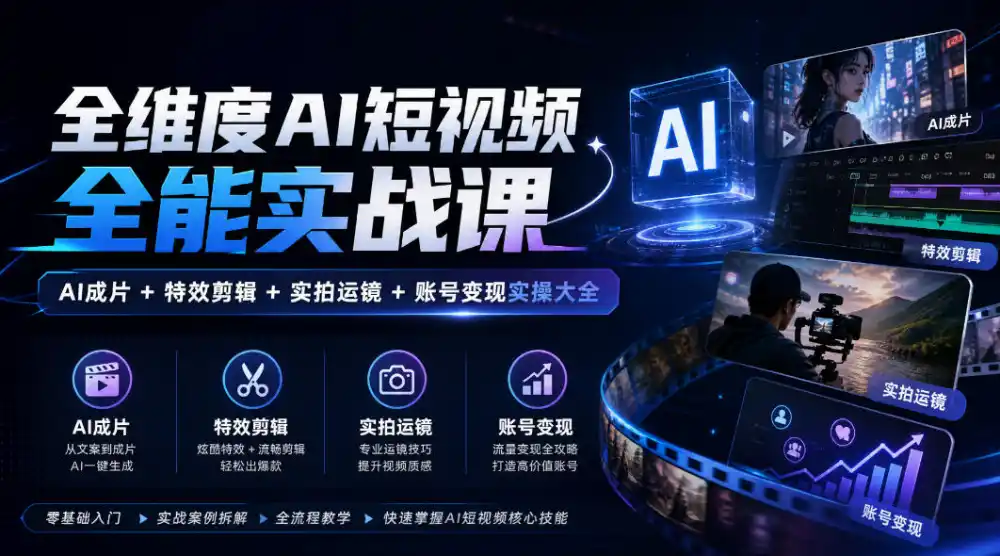 全维度AI短视频全能实战课，AI成片+特效剪辑+实拍运镜+账号变现实操大全-一起筹课网