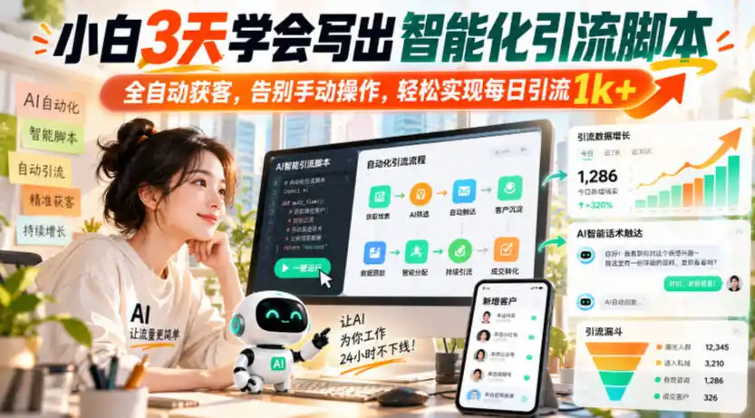 小白3天学会写出智能化引流脚本，全自动获客，告别手动操作，轻松实现每日引流1k+-一起筹课网