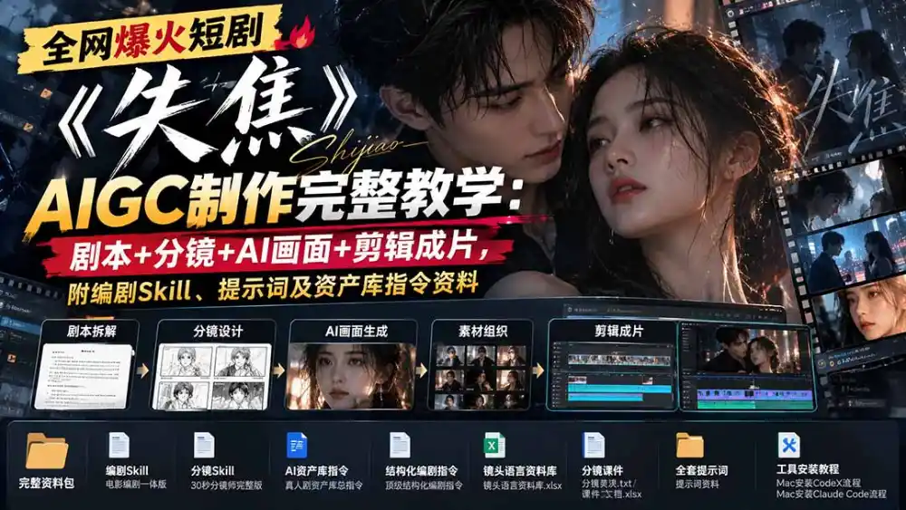 全网爆火短剧《失焦》AIGC制作完整教学:剧本+分镜+AI画面+剪辑成片,附编剧Skill、提示词及资产库指令资料-一起筹课网