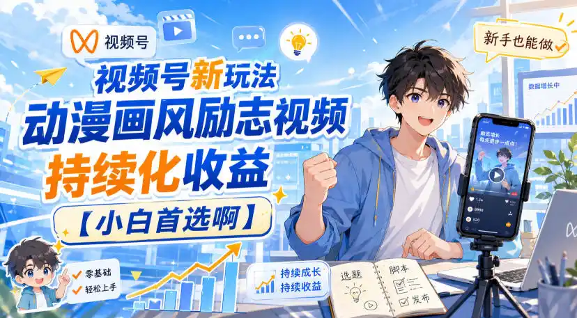 视频号新玩法动漫画风励志视频，持续化收益【小白首选啊】-一起筹课网
