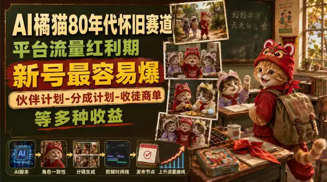 AI橘猫80年代怀旧赛道，平台流量红利期，新号最容易爆，伙伴计划-分成计划-收徒商单等多种收益-一起筹课网